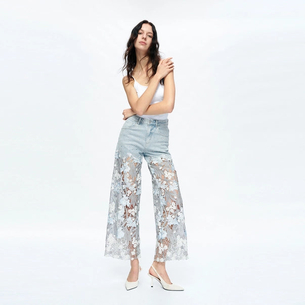 High Rise Wide Leg Jeans with Lace Spliced