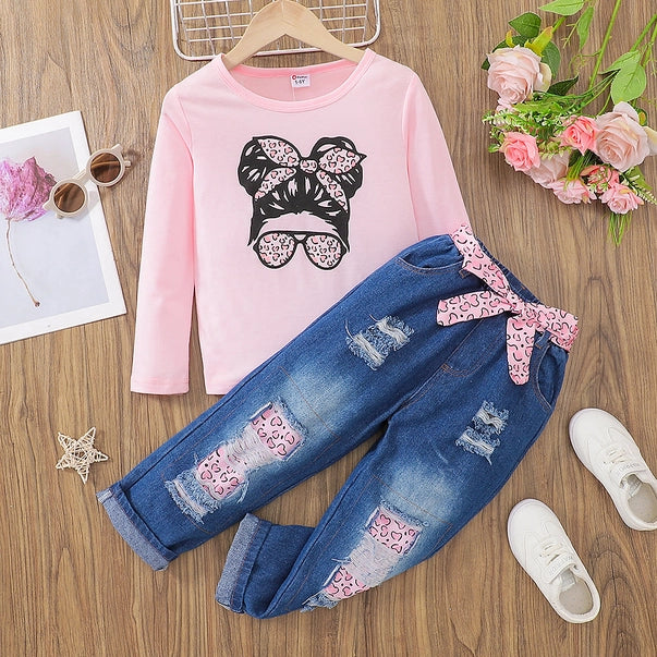 2 peaces kid girl ripped denim set