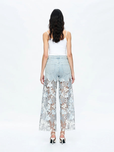 High Rise Wide Leg Jeans with Lace Spliced