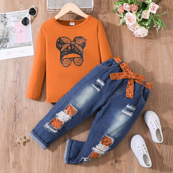 2 peaces kid girl ripped denim set